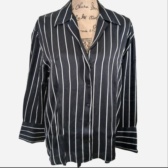 NEW The GAP Relaxed Black And White Striped Button Down Shirt Top Blouse Large P - Picture 2 of 6